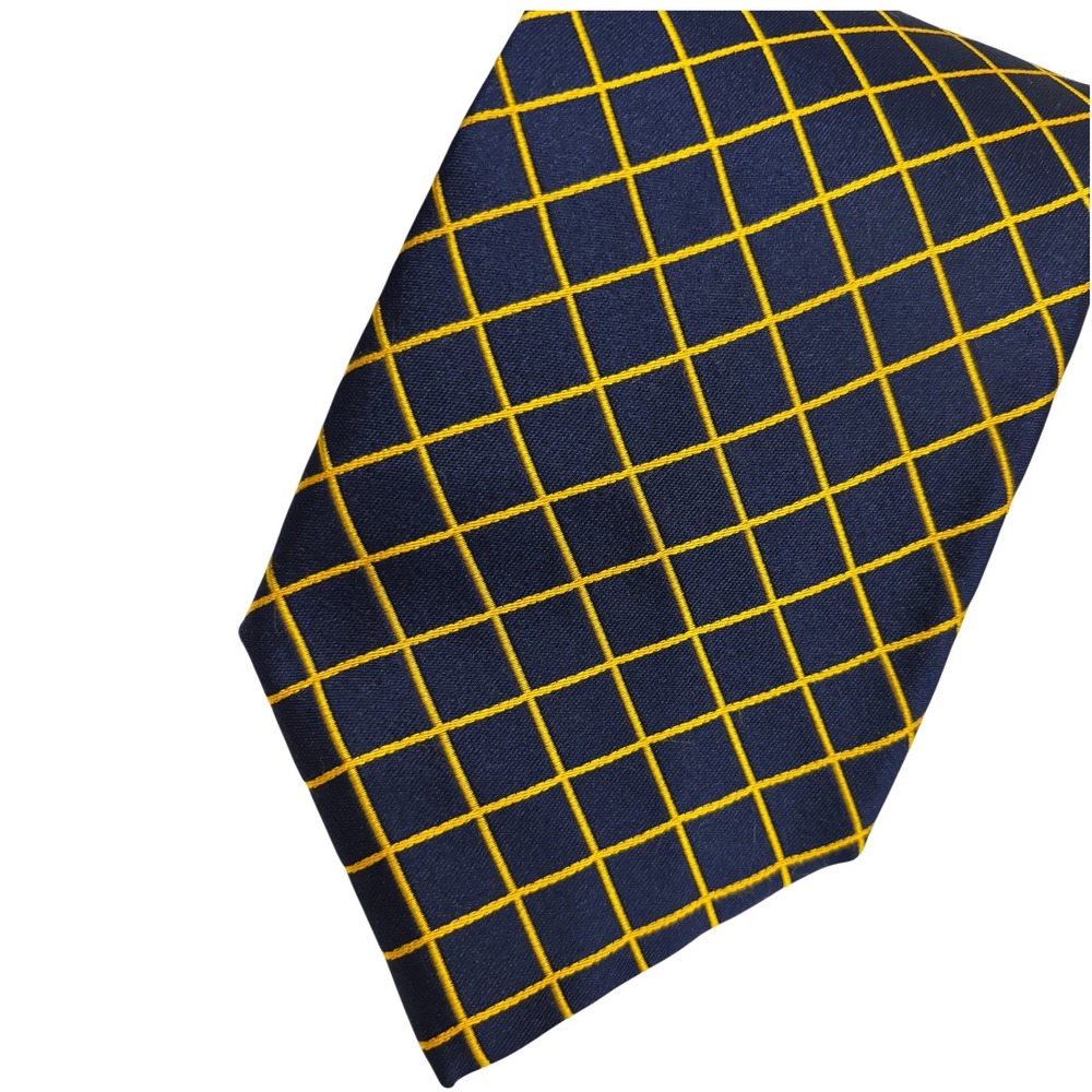 Gieves & Hawkes No. 1 Savile Row London Navy Yellow Windowpane Silk Tie Mens